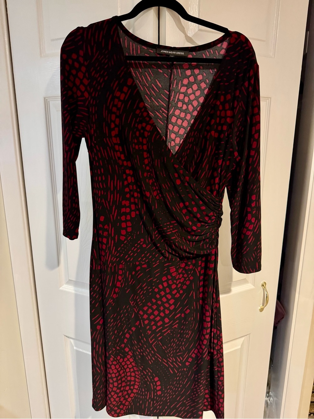 Jones Wear Black and Burgundy Faux-Wrap Long Sleeve Dress